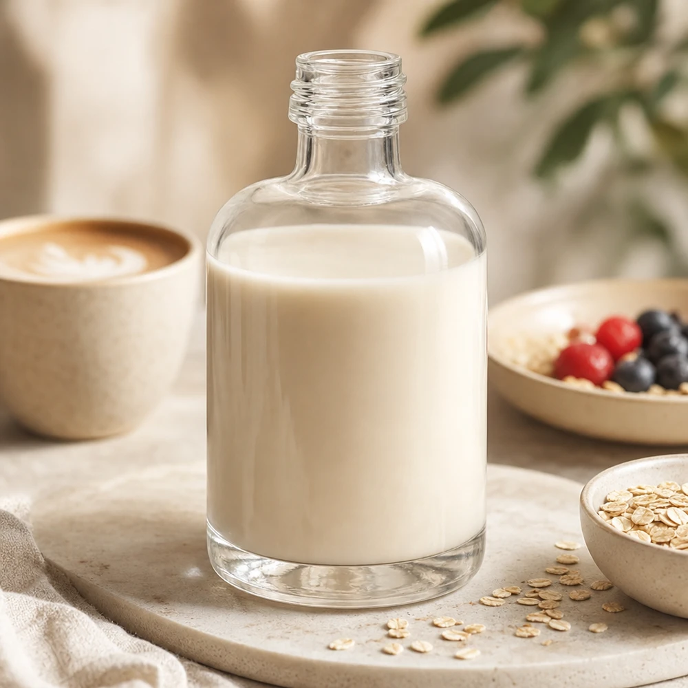 Bottiglia in vetro da 40 ml Sara senza tappo a vite UNiTWIST® 40ml Glasflasche Sara mit cremiger Hafermilch befüllt in natürlicher Küchenszene mit Müsli und Kaffee ohne Verschluss