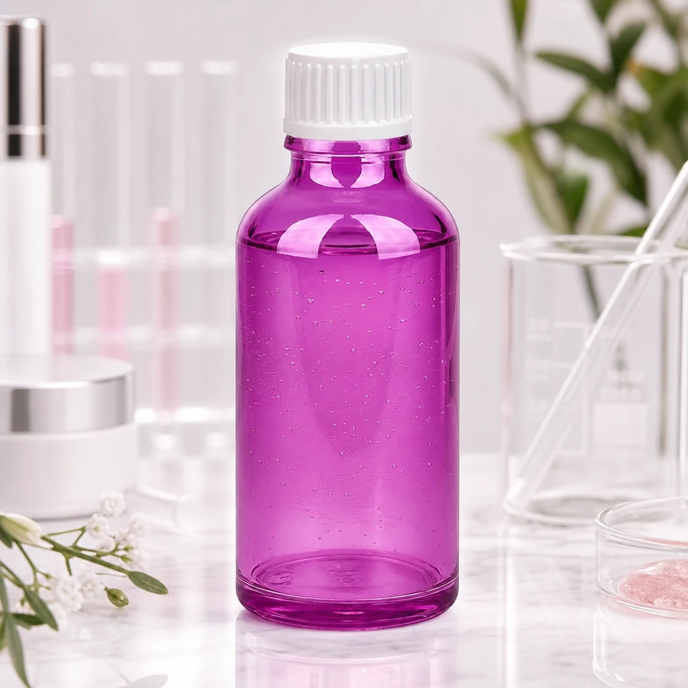 Flacone contagocce da 50 ml 0,9 mm bianco standard PurpleLine. UT18/50 Flacone contagocce da 50 ml di alta qualità, in elegante colore viola e con tappo igienico in plastica bianca.