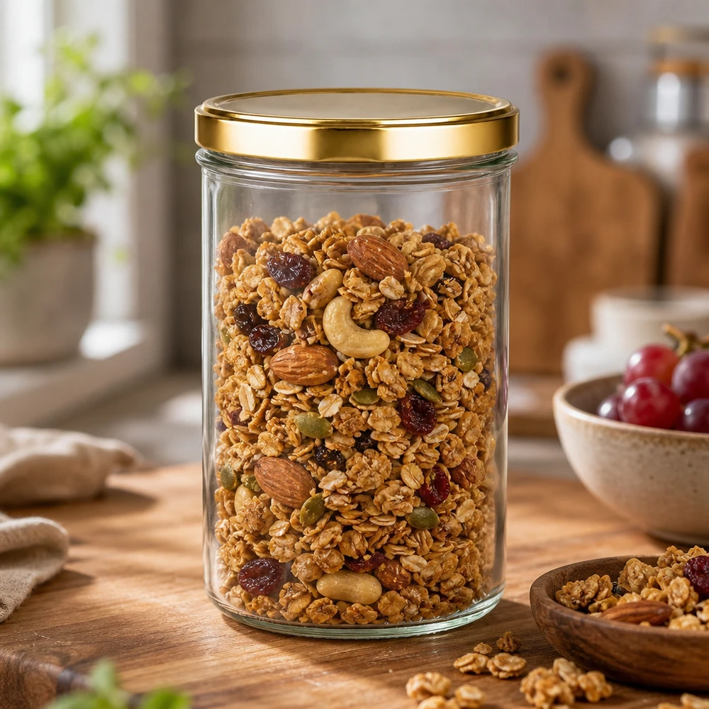 Barattolo da 277 ml con coperchio dorato UNiTWIST, riempito con muesli, noci e frutta secca, come contenitore in cucina.