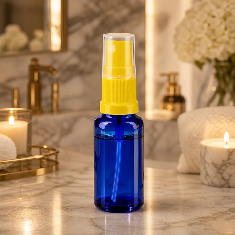 Lichtschutz Blauglasflasche 20ml mit gelbem Zerstäuber für Serum und Toner