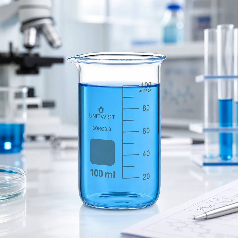 Bicchiere da 100 ml in borosilicato, forma alta UNITWIST Becher da laboratorio UNITWIST da 100 ml, modello alto, in borosilicato, con liquido blu in laboratorio