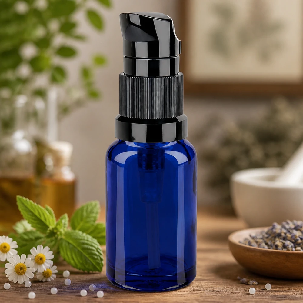 10ml Pumpflasche schwarz Standardverschluss BlueLine UT18/10 Praktische 10ml Pumpflasche in Kobaltblau mit schwarzem Dosieraufsatz BlueLine UT18/10