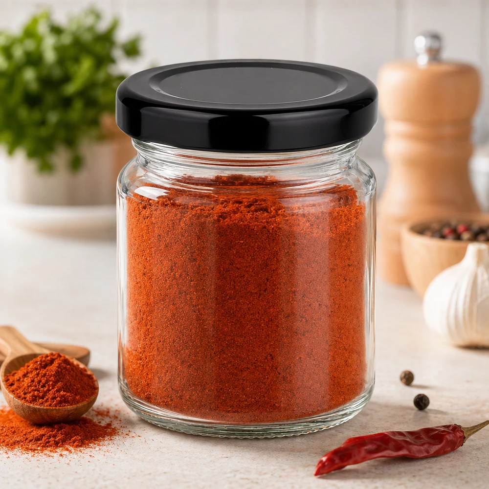 Barattolo rotondo da 53 ml con coperchio nero riempito di paprika rossa in polvere in un moderno contenitore per spezie da cucina
