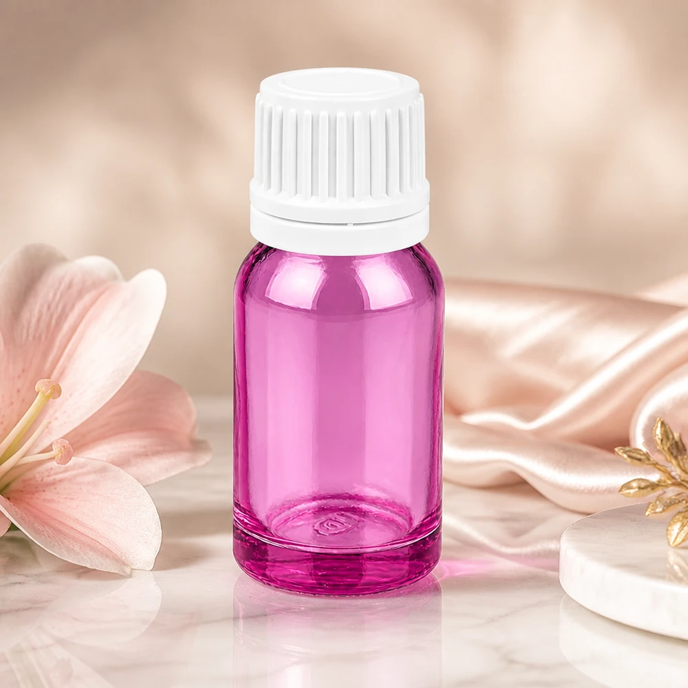 Elegante flacone in vetro da 10 ml in viola con tappo a vite bianco per cosmetici e miscele fai da te