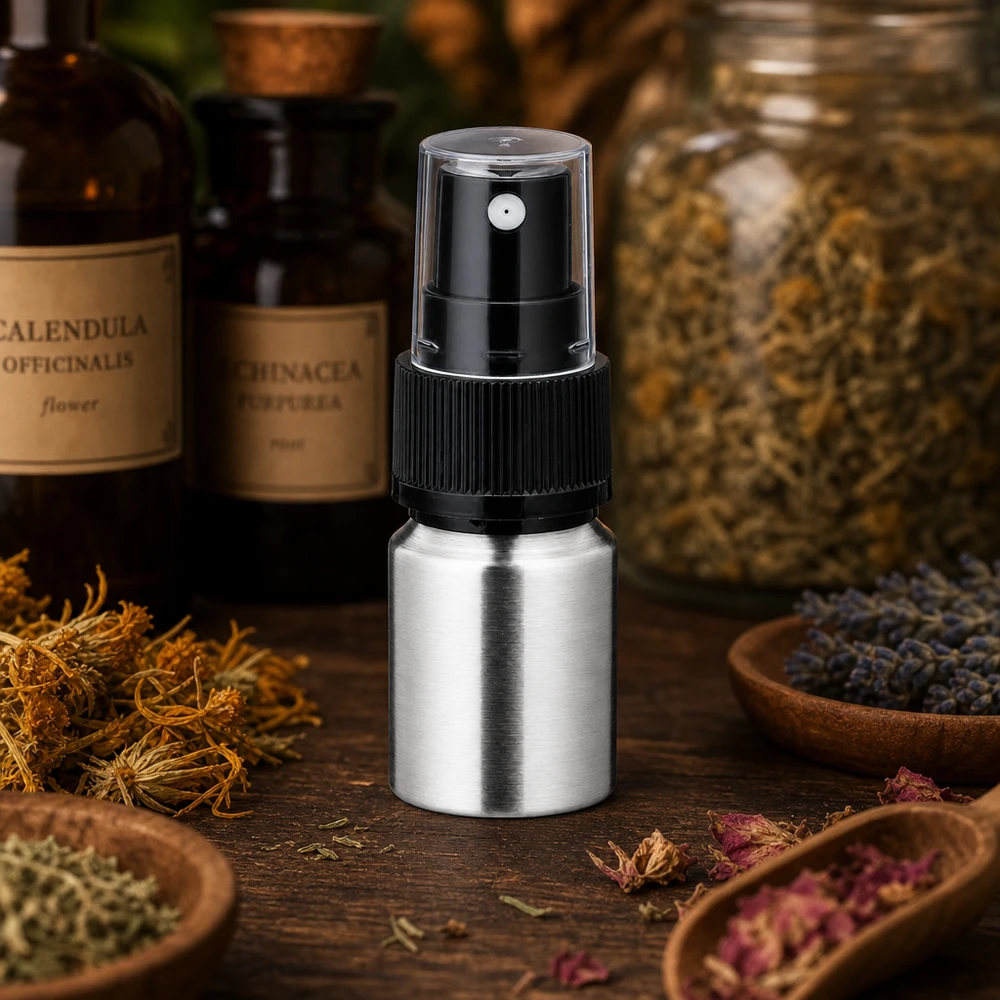 10ml geschliffene Aluflasche mit Zerstäuber Handliche 10ml Aluflasche mit Zerstäuber - ergonomisches Design für einfache Anwendung