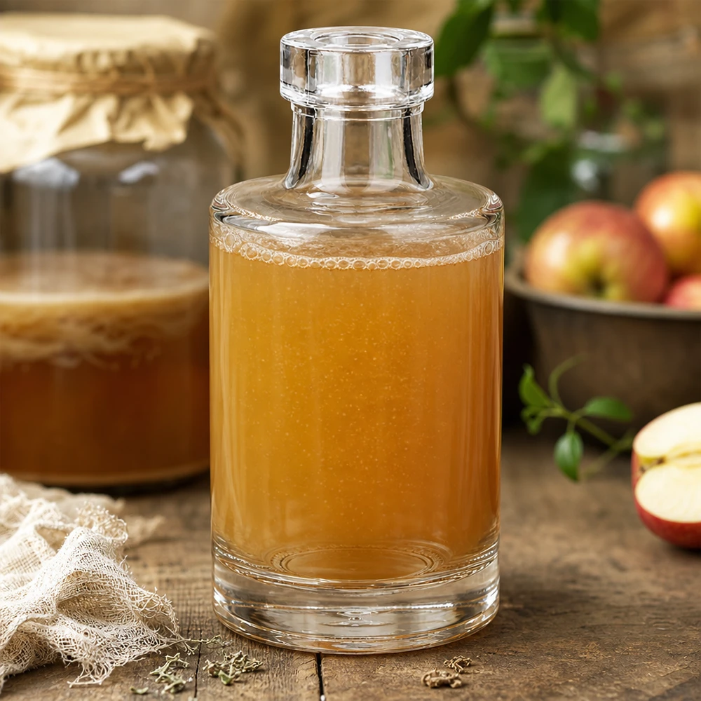 Bottiglia di vetro da 100 ml di Marie riempita di succo di mela accanto a mele fresche e a un cestino di legno rustico in una scena di cucina naturale