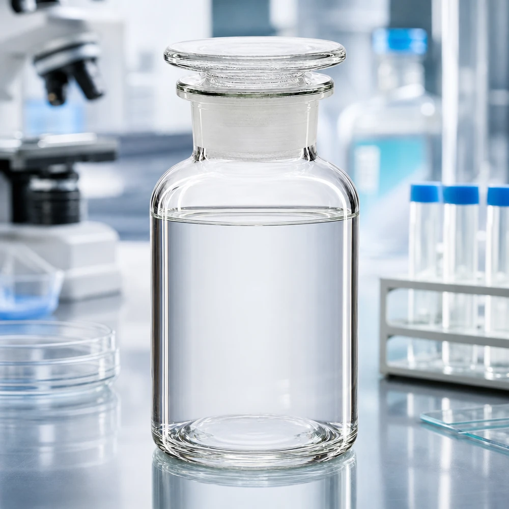 Bottiglia a spalla arrotondata da 250 ml, a collo largo, in vetro trasparente con tappo di vetro, su un banco da lavoro da laboratorio
