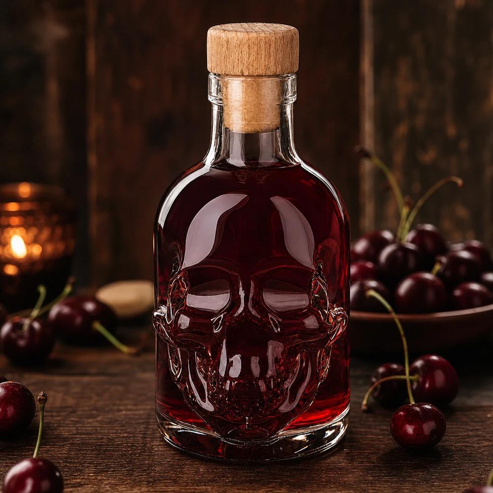 Bottiglia di Jack in vetro a teschio da 200 ml con liquido rosso ciliegia e tappo in legno, circondata da ciliegie fresche
