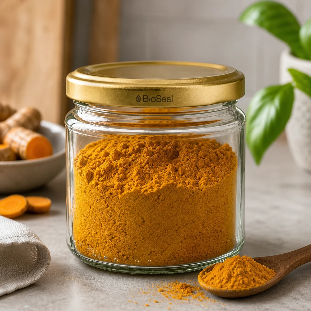 212ml Verre rond avec couvercle BioSeal or UNiTWIST Rundglas 212ml mit goldenem BioSeal Deckel gefüllt mit Kurkumapulver zeigt praktische Gewürzaufbewahrung