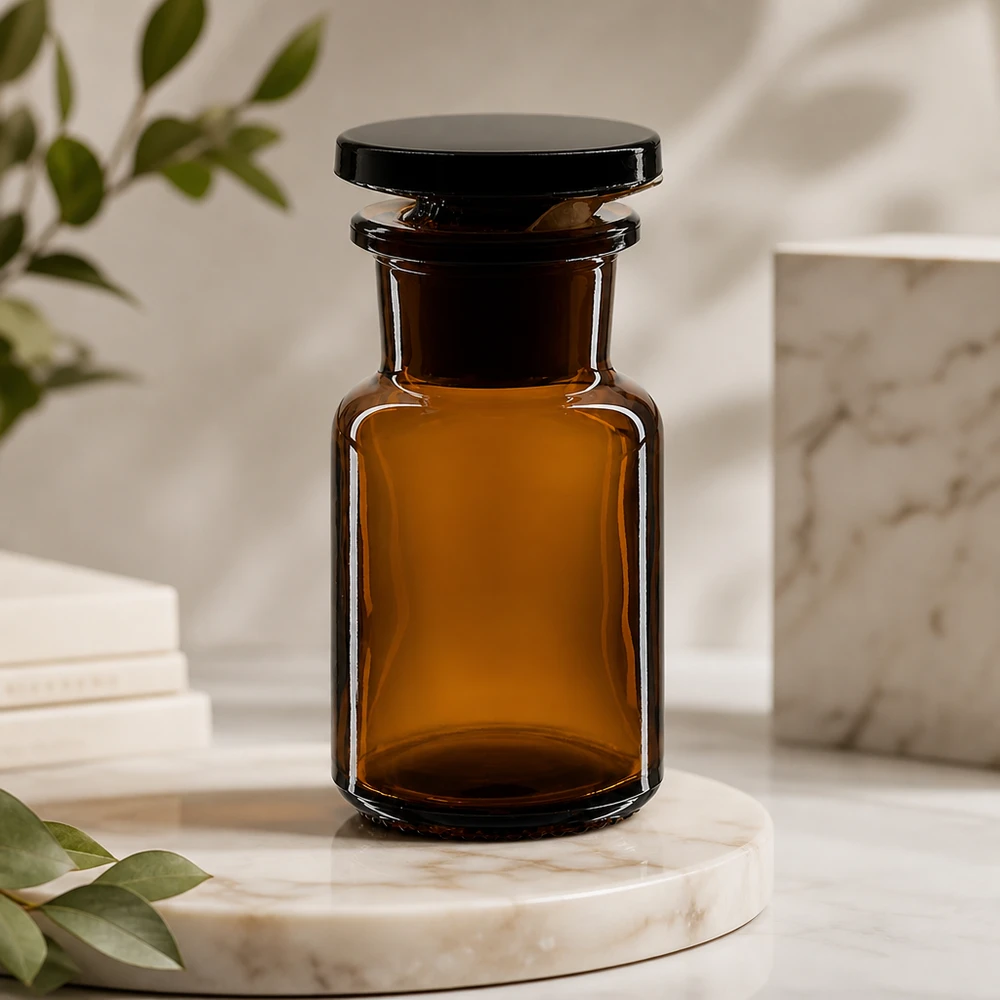 Bottiglia a spalla tonda 50ml marrone collo largo tappo in vetro Classica bottiglia a spalla arrotondata da 50 ml, marrone, con collo largo e tappo di vetro su base in marmo