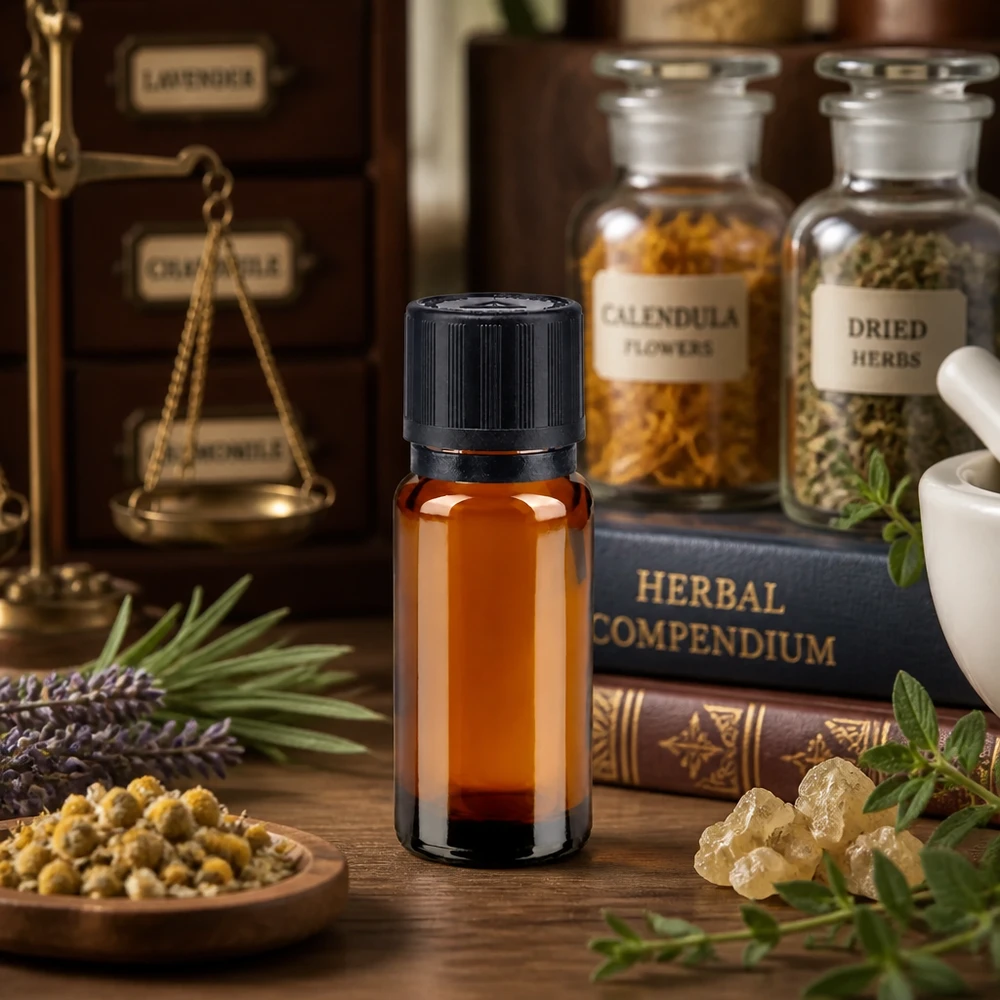 Apothekenflasche braun 10ml Tropfer Giessring 1mm schwarz Kindersicherung Blindenwarnsymbol Originalitätsverschluss Präzisions-Tropfflasche 1mm Öffnung 10ml Apothekerglas im historischen Kräuterapotheken-Setting