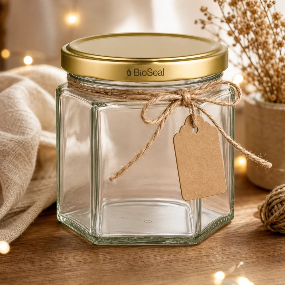 UNiTWIST Hexa47 Glasgefäß mit goldenem BioSeal Deckel und Geschenkanhänger in gemütlicher Wohnambiente