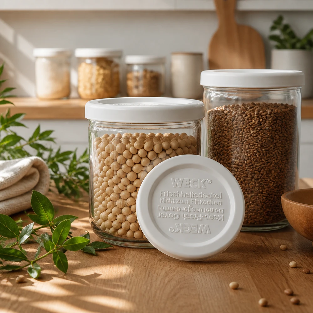 Coperchio WECK/REX Keep Fresh RR40 Coperchio per la conservazione degli alimenti WECK RR40 in cucina con barattoli pieni di legumi per una conservazione ottimale degli alimenti