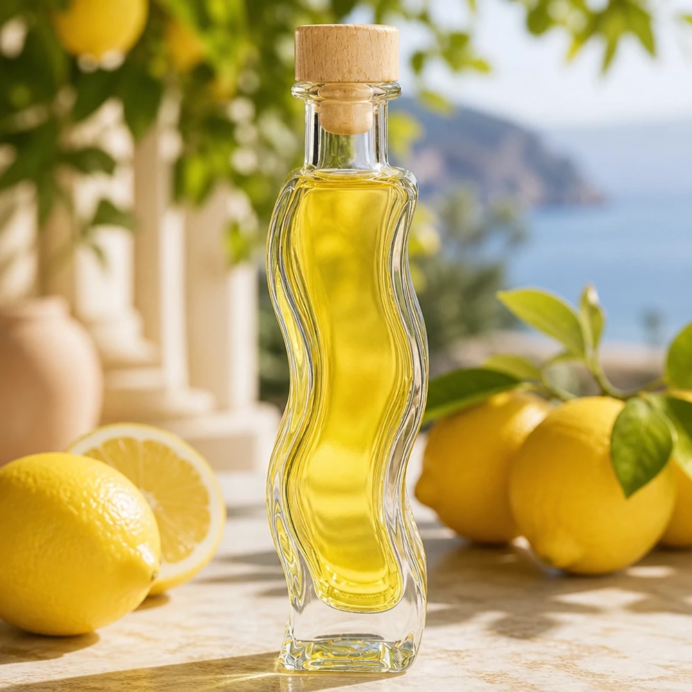 Flacone in vetro da 100 ml Melissa con tappo in sughero con impugnatura in legno UNiTWIST® Bottiglia di vetro Melissa 100ml riempita di olio giallo accanto a limoni atmosfera mediterranea tappo di sughero