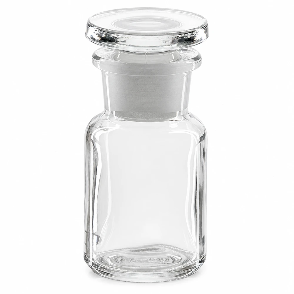 Bottiglia a spalla tonda 50ml chiara a collo largo in vetro con tappo Flacone trasparente a spalle arrotondate da 50 ml con tappo in vetro e apertura a collo largo per laboratorio e farmacia