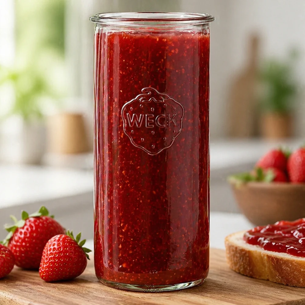 Barattolo di vetro WECK RR100 da 1500 ml Vasetto WECK RR100 da 1500 ml riempito di marmellata di fragole rosse accanto a fragole fresche e pane su un tavolo di legno