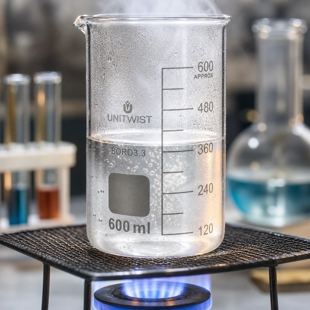 Bicchiere 600ml borosilicato, stampo alto UNITWIST Bicchiere da laboratorio UNITWIST da 600 ml in vetro borosilicato, di forma alta, riscaldato su un becco Bunsen con acqua bollente