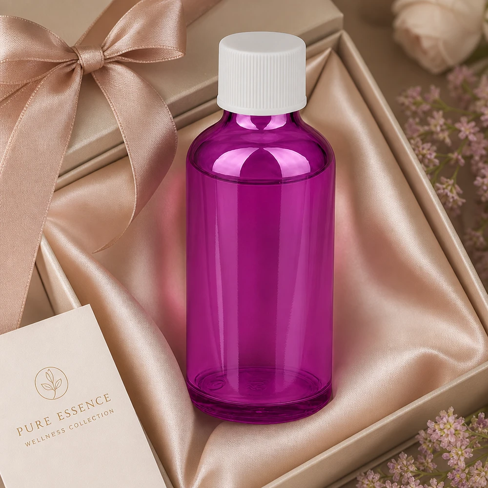 Flacone da 50ml con tappo a vite 11mm bianco standard PurpleLine UT18/50 Elegante flacone in vetro da 50 ml di colore viola con tappo bianco per un'essenza di benessere di alta qualità