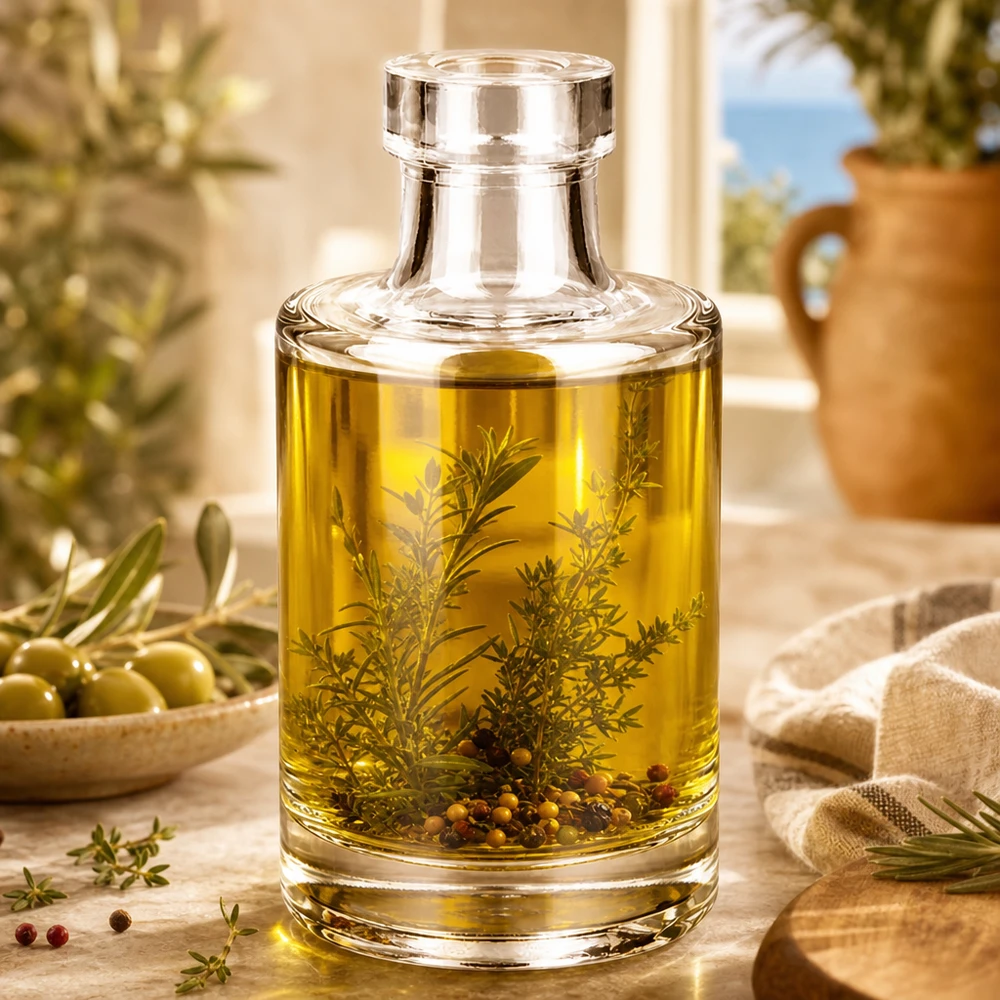 Bottiglia di vetro da 100 ml Marie riempita con olio alle erbe e spezie come esempio di utilizzo in cucina e per la decorazione