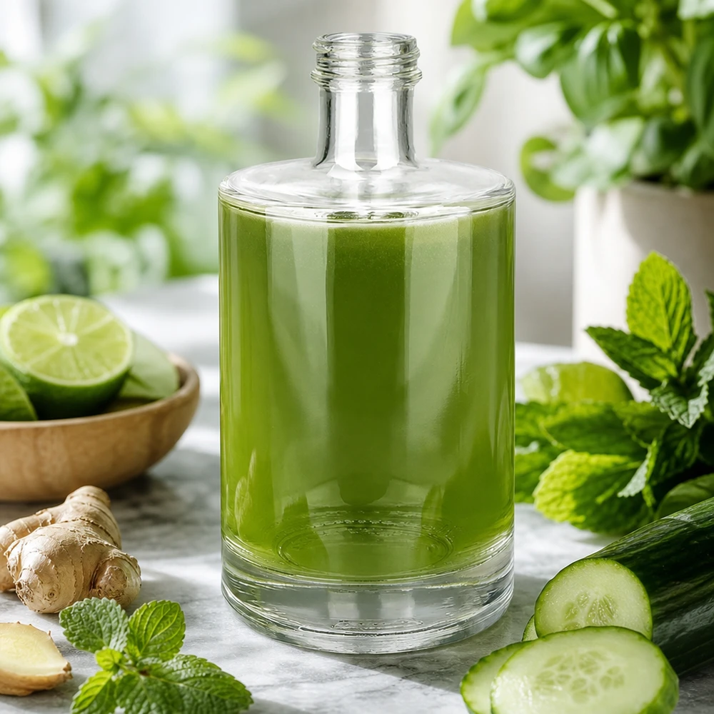 Bottiglia di vetro da 500 ml Sam riempita di frullato verde circondato da ingredienti freschi menta cetriolo zenzero lime