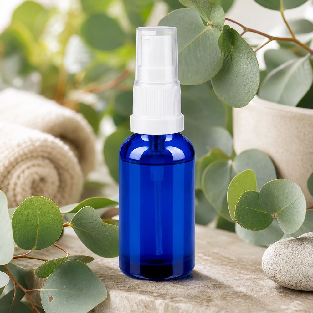 Flacone spray professionale da 30 ml in vetro blu con protezione UV e spruzzatore a pompa