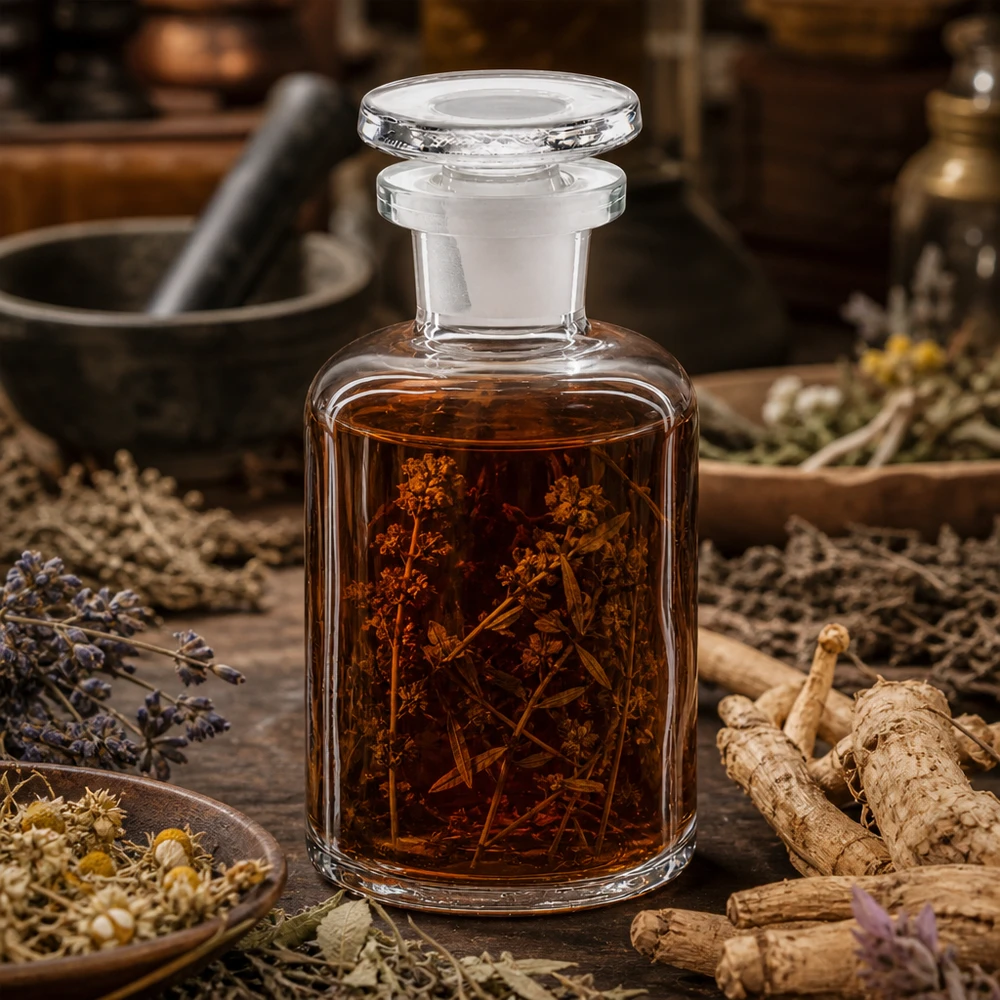 Fiaschetta da farmacia storica da 50 ml, trasparente, con tappo in vetro e tintura di erbe, a collo stretto e spalle arrotondate