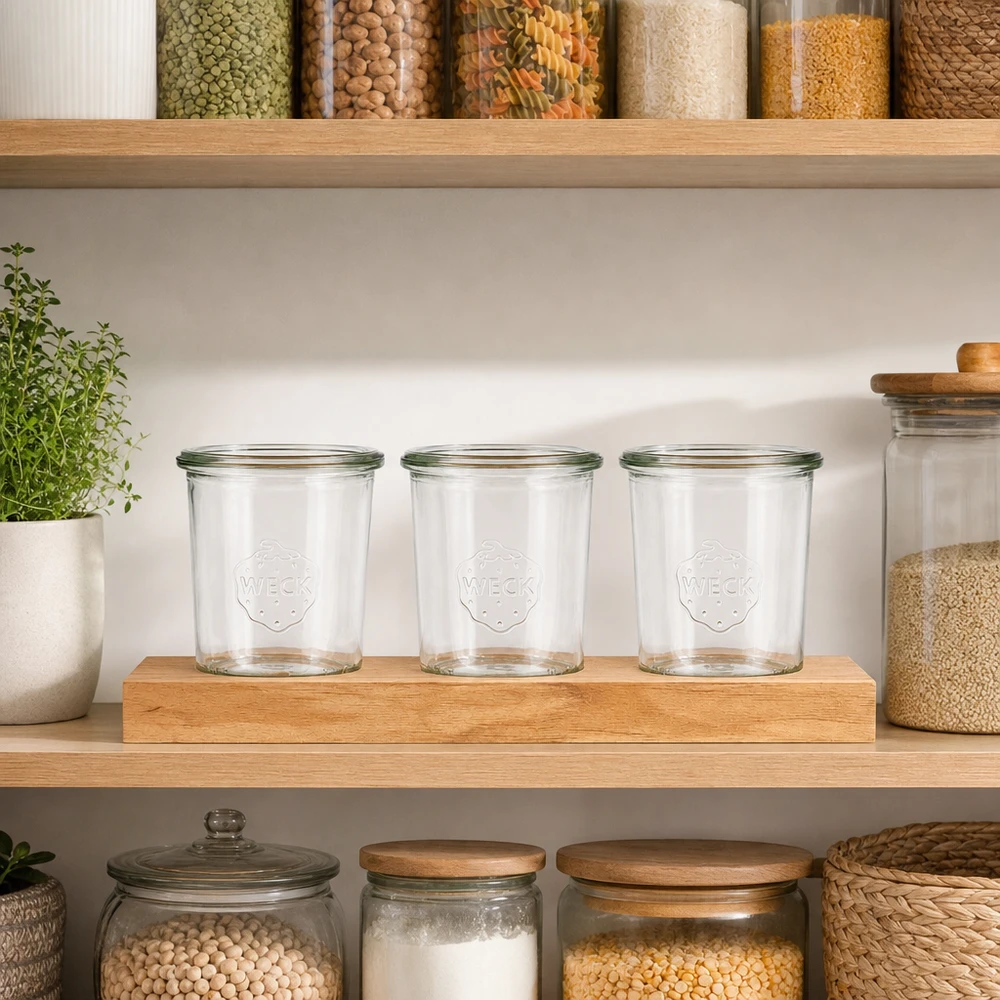 Tagliere Plano3 con 3 vasetti Weck da 160 ml Bicchieri Weck da 160 ml vuoti su tagliere Plano3 in cucina organizzata con contenitori per spezie