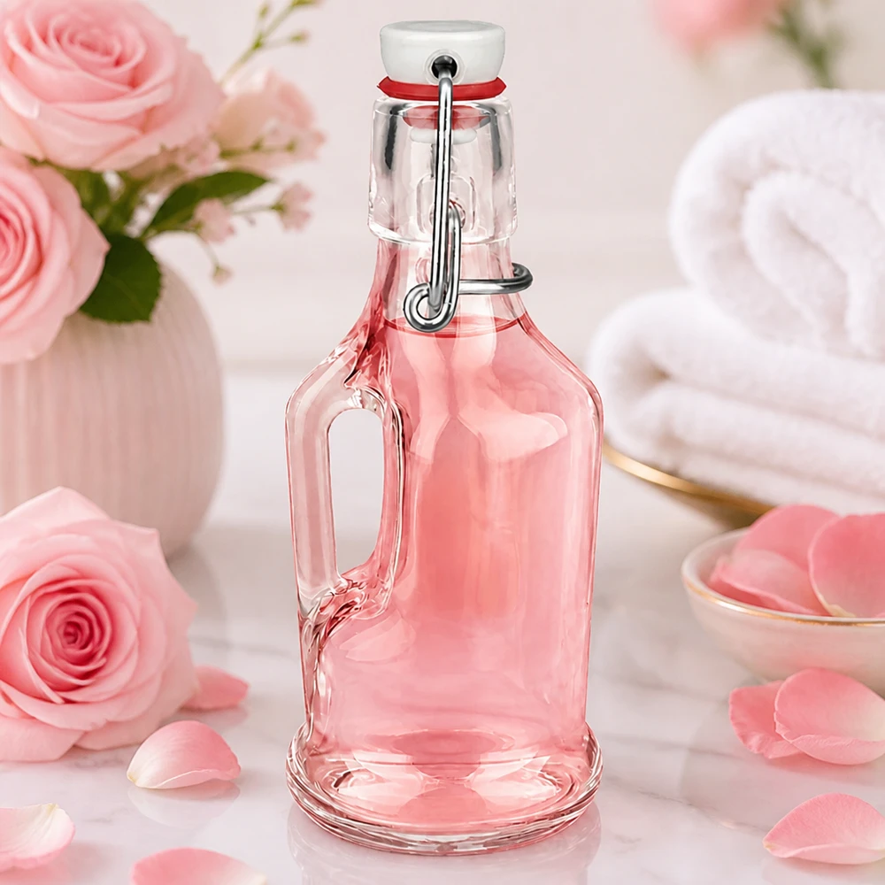 Bottiglia da 200 ml in vetro Bertha tinta di rosa con decorazione romantica con rose e petali, tappo UNiTWIST