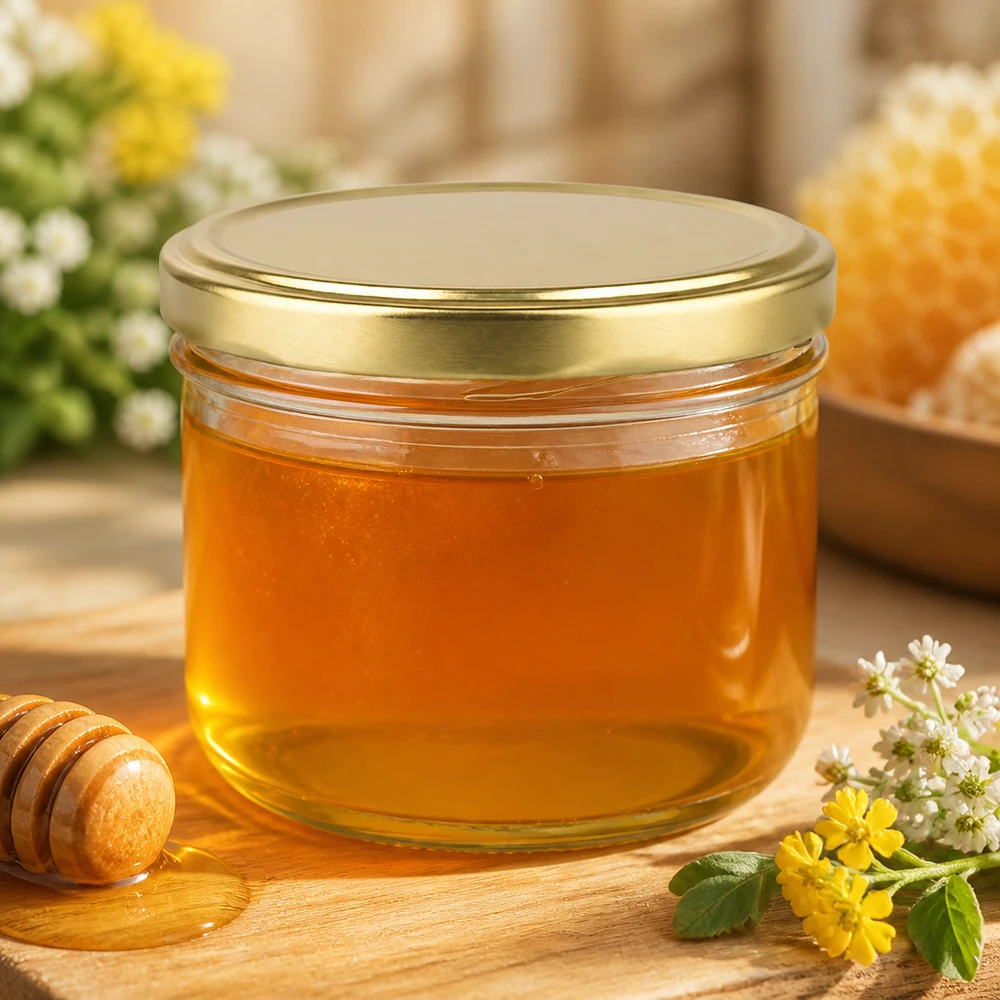 I tumbler da 260 ml riempiti di miele mostrano l'oro del coperchio BasicSeal UNiTWIST in un ambiente naturale di cucina