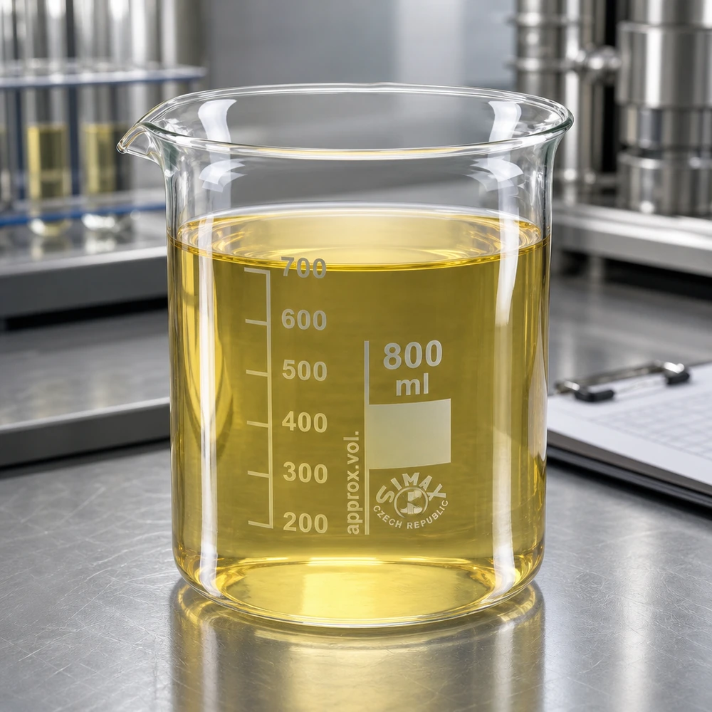 Bicchiere 800ml in vetro borosilicato, forma bassa Bicchiere da laboratorio da 800 ml in robusto vetro borosilicato con liquido di prova giallo su banco da laboratorio
