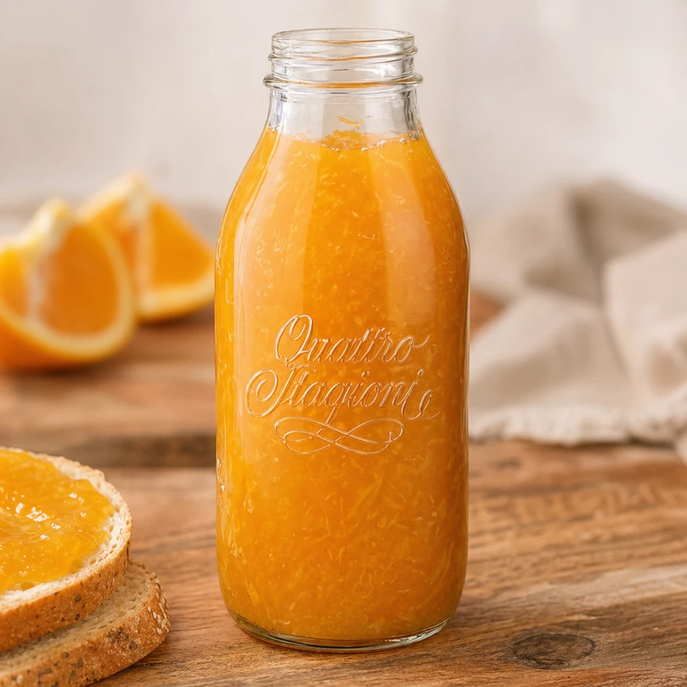 Bottiglia a collo largo "Quattro Stagioni" da 1000 ml Bottiglia a collo largo da 1000 ml di Quattro Stagioni con succo d'arancia fresco su un tavolo di legno con fette d'arancia