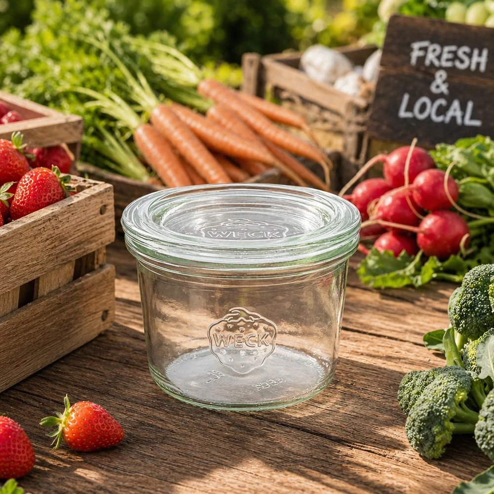 Bocal en verre de 80 ml avec couvercle en verre WECK RR60 WECK Sturzglas 80ml RR60 umgeben von frischem Gemüse Obst auf Holztisch Farmers Market Fresh Local Schild