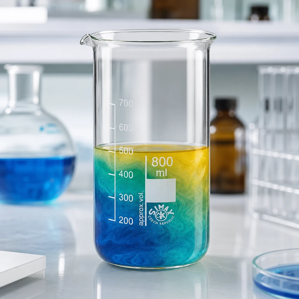 Bicchiere da 800 ml in vetro borosilicato, forma alta Bicchiere da laboratorio da 800 ml, forma alta, con un liquido dai colori sfumati dal blu al giallo