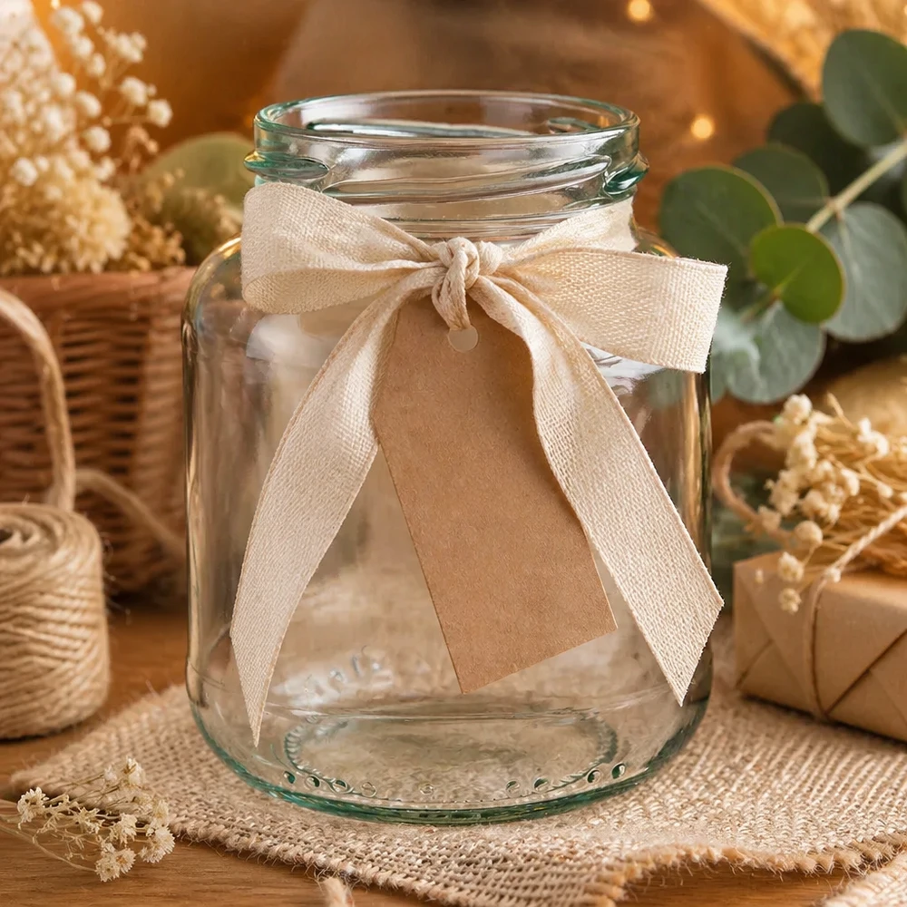 UNiTWIST Oval370 Einmachglas 370ml TO66 mit Schleifenband und Anhänger als Geschenkverpackung auf Jute