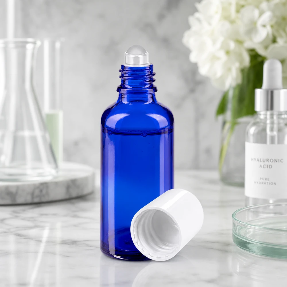 Apothekenflasche blau 50ml Roll-On Verschluss weiß Blickdichte 50ml Apothekerglas Roll-On Flasche zum Lichtschutz sensibler Wirkstoffe und Öle