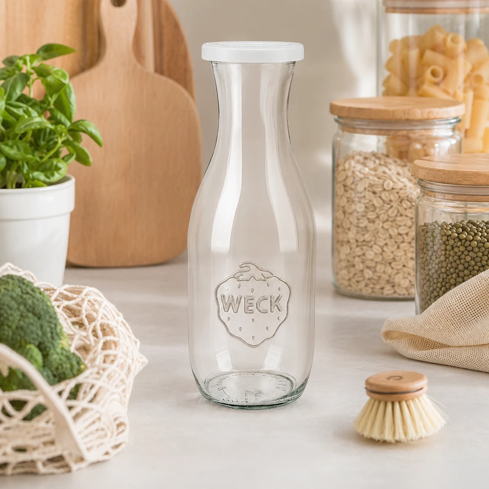 Bottiglia per succhi da 1062 ml con coperchio salva-freschezza WECK RR60 Bottiglia di succo WECK da 1062 ml in una cucina sostenibile a spreco zero con barattoli e utensili ecologici