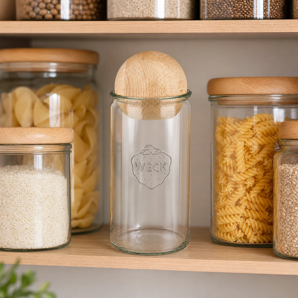 Vaso cilindrico da 1590 ml WECK RR100 con sfera in legno di faggio Barattolo a cilindro WECK 1590ml RR100 con sfera in legno in una cucina organizzata accanto a riso, pasta e altri alimenti