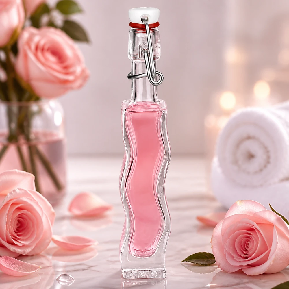 Flacone in vetro Anna da 40 ml con liquido rosa in un'ambientazione romantica con rose e colori tenui e pastello.