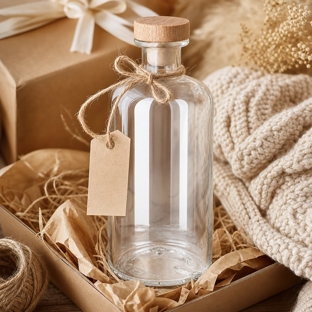 Bottiglia in vetro Flora da 500 ml con tappo in legno e targhetta regalo in confezione regalo rustica con cordino di iuta