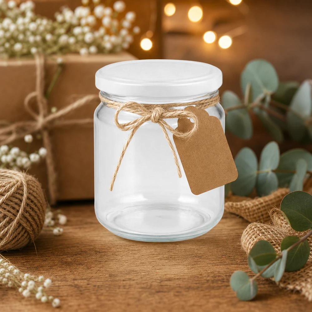 Barattolo rotondo UNiTWIST da 212 ml con coperchio BasicSeal bianco, decorato con cordoncino di iuta e etichetta regalo Idea regalo