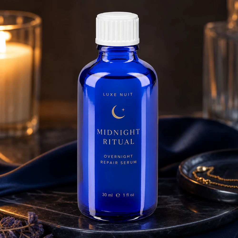 Royalblaue Apothekerflasche aus Glas mit mattem Etikett perfekt für Premium Kosmetikprodukte