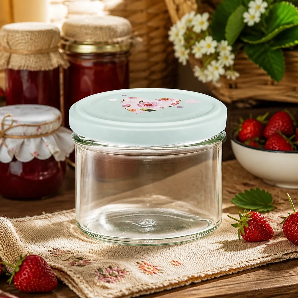 225ml Sturzglas + BasicSeal Deckel Herz mint UNiTWIST Leeres 225ml Sturzglas mit mint BasicSeal Herz-Deckel vor rustikaler Marmeladengläser-Szenerie mit Erdbeeren