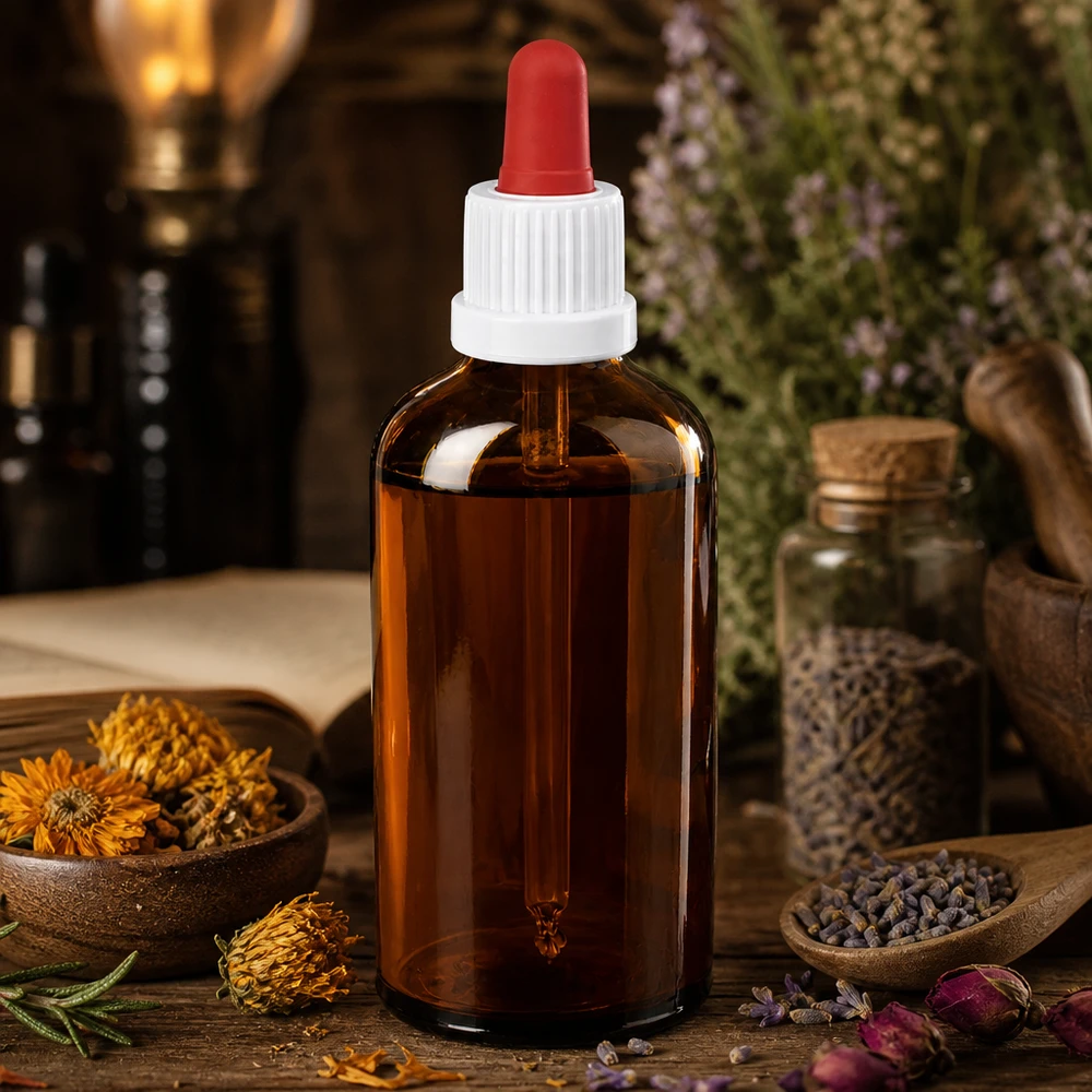 Flacone a pipetta in vetro ambrato da 100 ml con protezione UV e design ergonomico per estratti di erbe