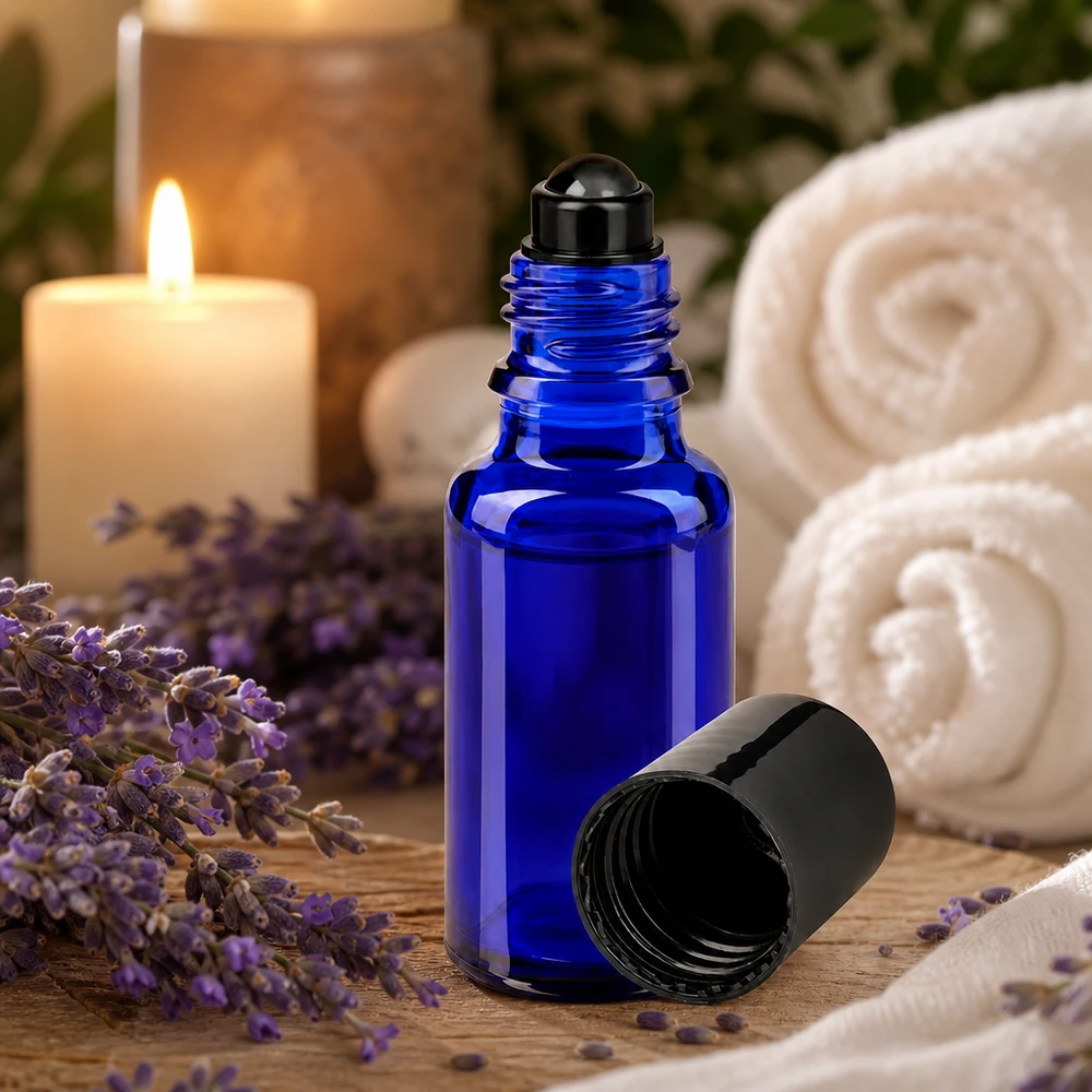 Apothekenflasche blau 20ml Roll-On Verschluss schwarz Kompakte 20ml Roll-On Applikatorflasche in Blau mit schwarzem Schraubdeckel geöffnet