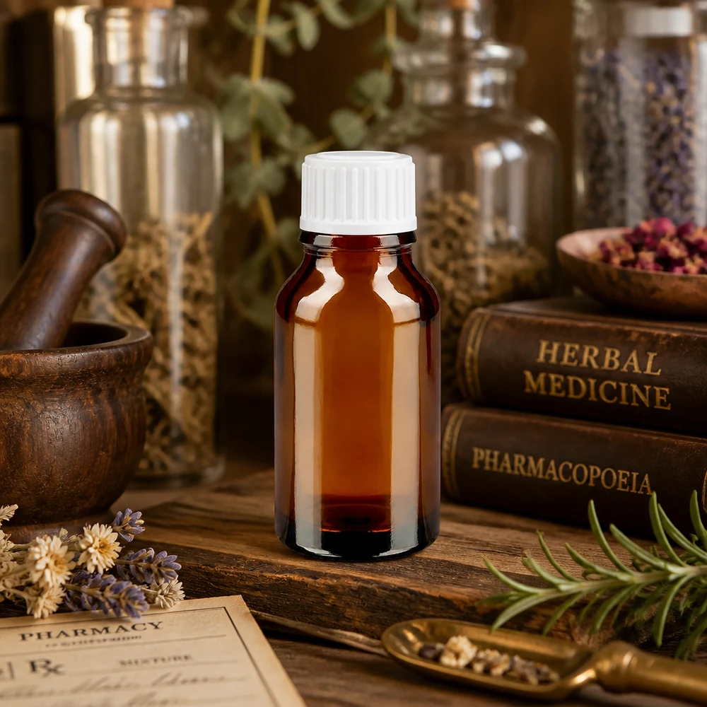 Apothekenflasche braun 15ml Tropfverschluss weiß 0.8mm Standard Dunkelbraune Medizinflasche 15ml mit weißem Verschluss in naturheilkundlicher Apotheke