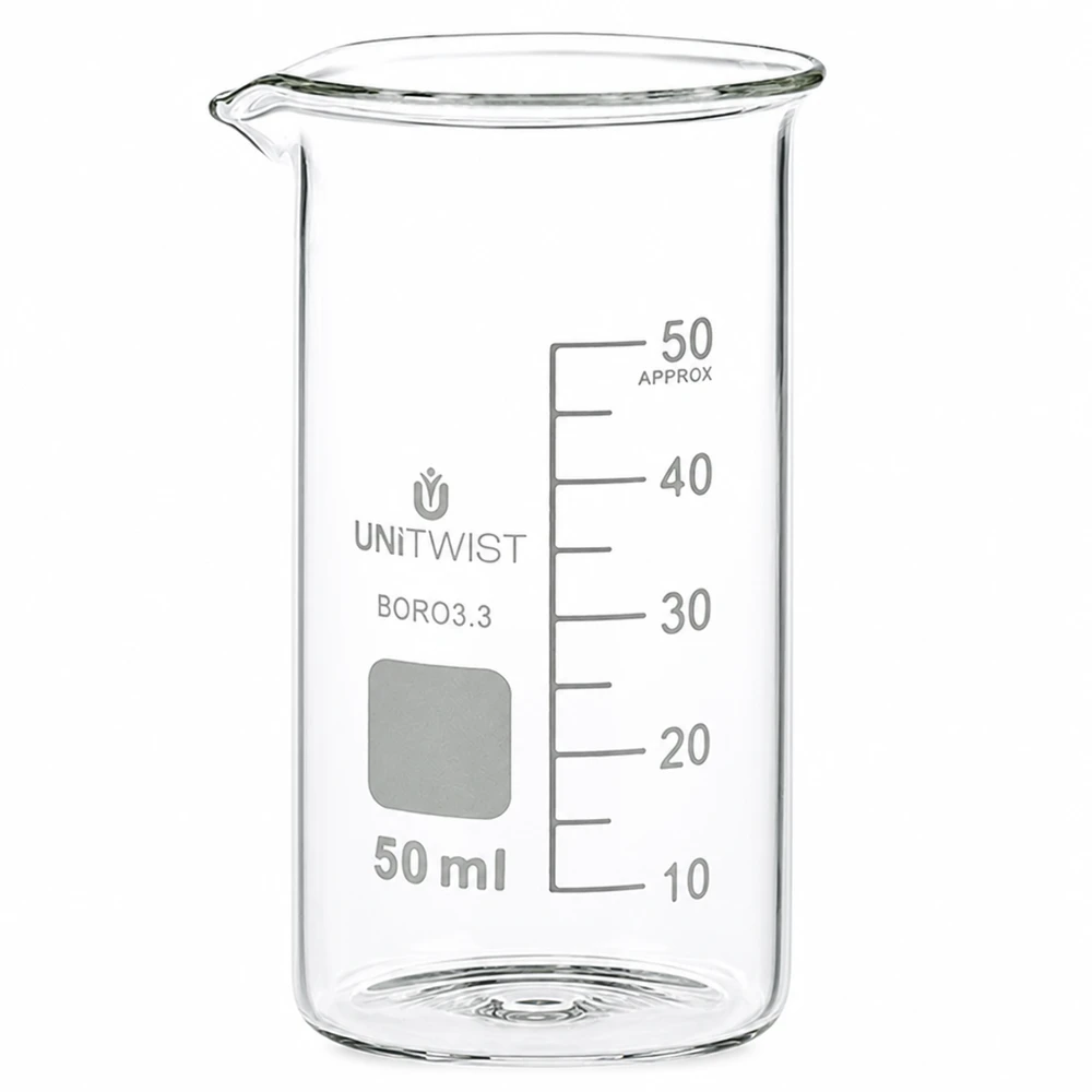 Bicchiere 50ml borosilicato, stampo alto UNITWIST Bicchiere da laboratorio da 50 ml, modello alto, in borosilicato, prodotto da UNITWIST, con scala graduata in millilitri fino a 50 ml