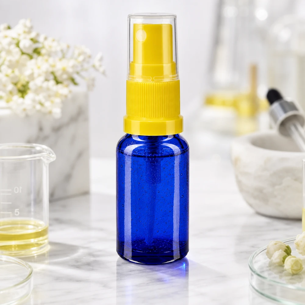 Apothekenflasche blau 30ml Sprayaufsatz gelb 30ml Blauglas-Flakon mit Feinstsprüher gelb für Seren Tinkturen und Aromatherapie