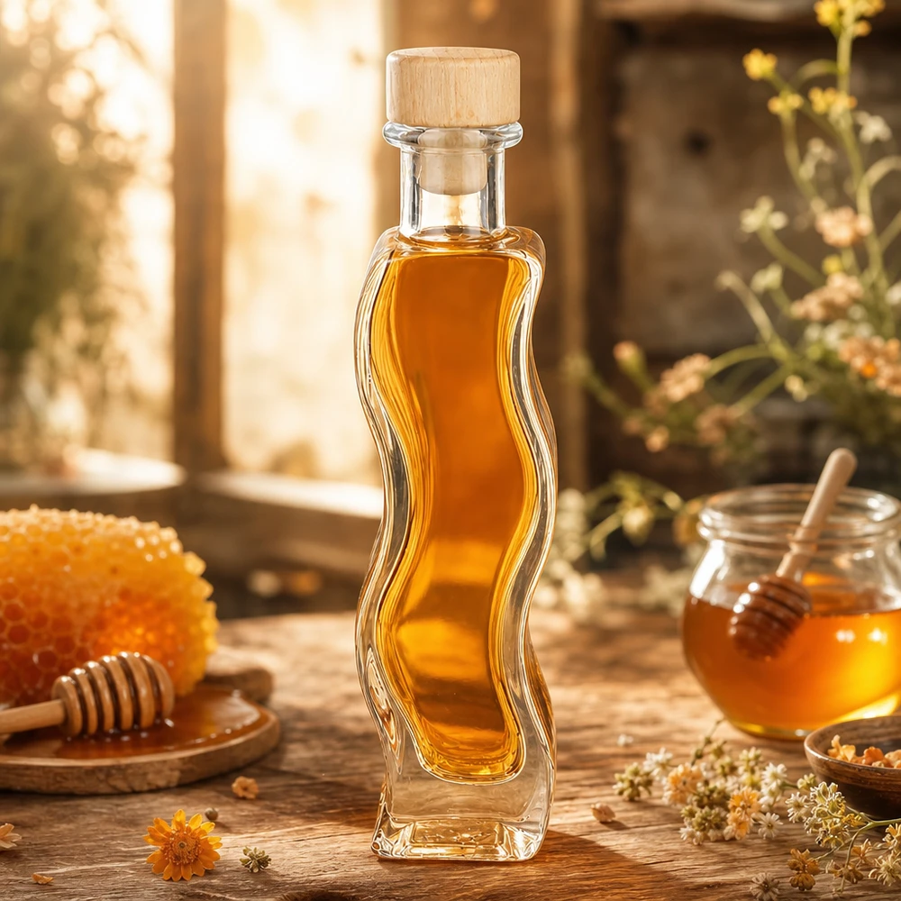Flacone in vetro da 100 ml Melissa con tappo in sughero con impugnatura in legno UNiTWIST® Glasflasche Melissa 100ml mit Honig befüllt rustikale Küche Holzkorken Bienenwaben natürliche Dekoration