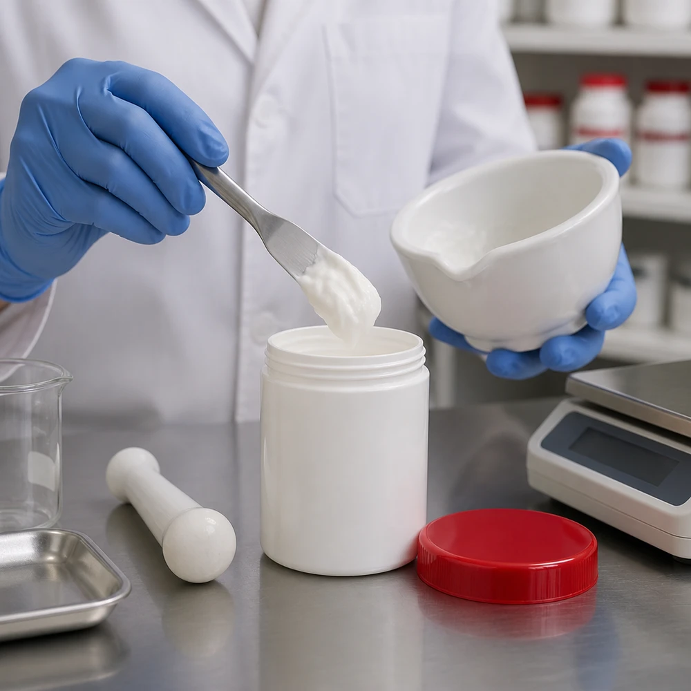 Préparation d'une préparation magistrale à l'aide d'un pot à pommade blanc de 200 g et d'un mortier en porcelaine