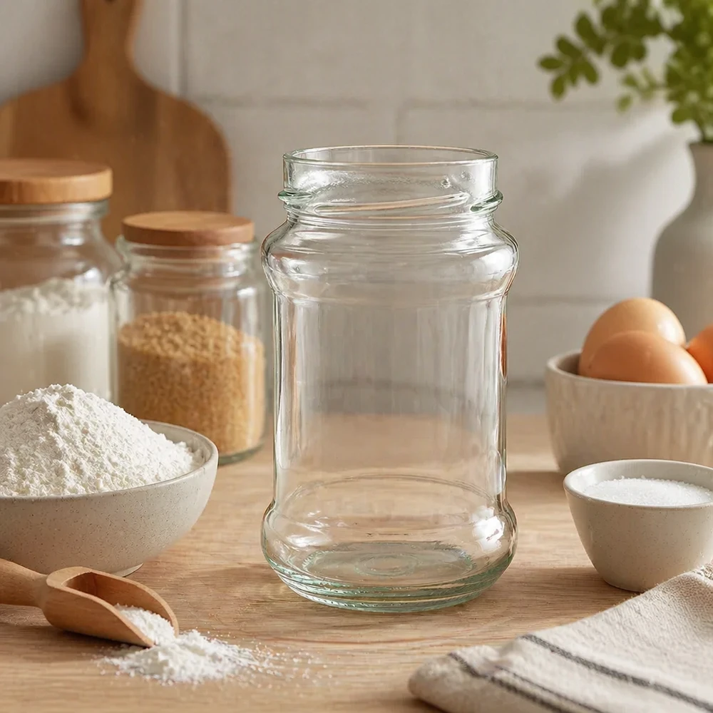 UNiTWIST Runda390 vaso rotondo 390ml TO66deep vaso da conserva vuoto su tavola di legno in cucina con ingredienti da forno e uova